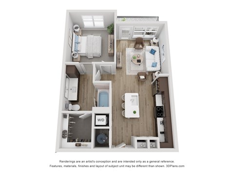 Floor plan for 1 bed, 1 bath, 684 sqft
